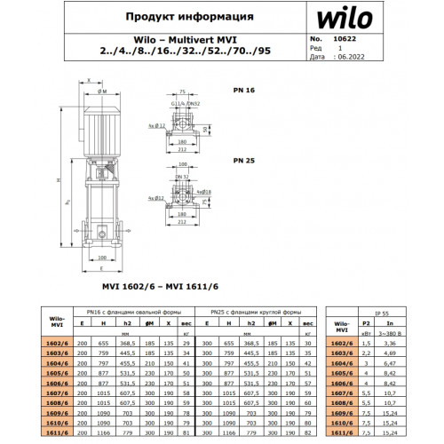 Вертикальный многоступенчатый насос Wilo MVI 1606/6-1/25/E/3-380-50-2
