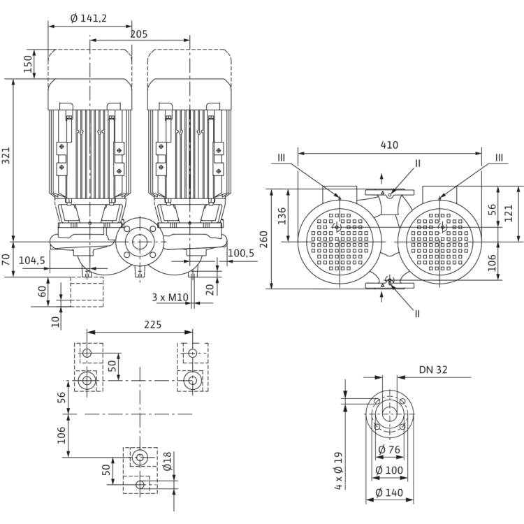 Циркуляционный насос с сухим ротором в исполнении Inline с фланцевым соединением Wilo VeroTwin-DPL 32/95-0,55/2