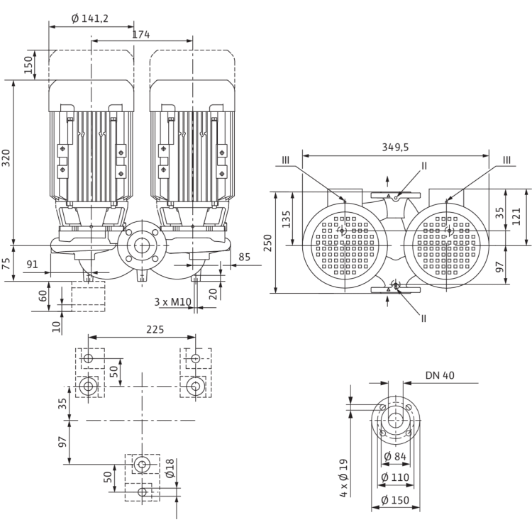 Циркуляционный насос с сухим ротором в исполнении Inline с фланцевым соединением Wilo VeroTwin-DPL 40/115-0,55/2
